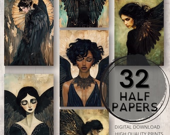 Black Angel Journal Half Papers Angel Printable Page Art Ephemera Scrapbooking Collage Mixed Media Card Making Angel Junk Journal Supplies