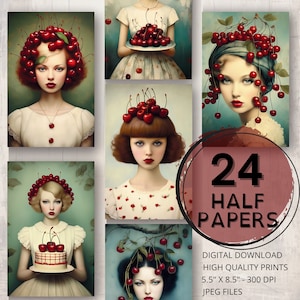 Cherry Journal Half Papers Páginas imprimibles Arte surrealista Retrato de mujer Scrapbooking Fruta Ephemera Art Collage Card Making Journal Supplies