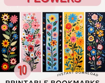 May include: Set of 10 printable bookmarks featuring colorful floral designs. Each bookmark is 2 inches by 6 inches and 300 DPI. The designs include a variety of flowers in shades of red, blue, yellow, and green. The bookmarks are available in JPEG, PNG, and PDF formats.