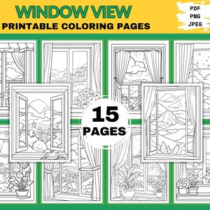 Window View Coloring Pages, 15 Printable Pages for Relaxation & Stress Relief, PDF, JPEG, PNG, Printable Coloring Book, Digital Download
