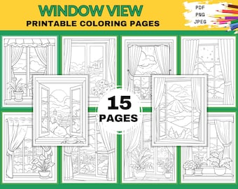 Window View Coloring Pages, 15 Printable Pages for Relaxation & Stress Relief, PDF, JPEG, PNG, Printable Coloring Book, Digital Download