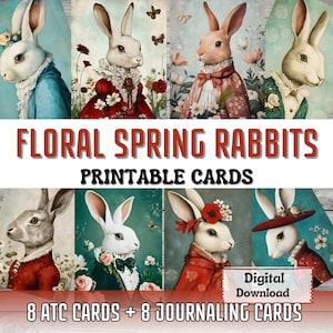 Floral Spring Rabbits Printable Junk Journal Cards ATC Card Making Rabbit Scrapbooking Ephemera Bunny Printable Card Bunny Journal Supplies