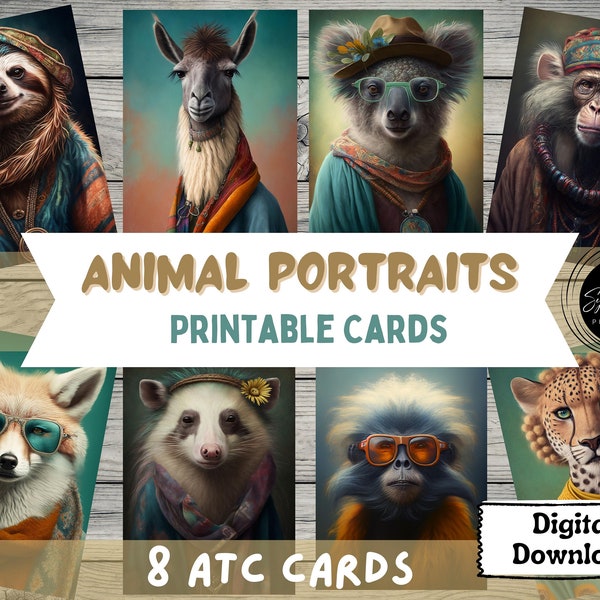 Fun Animal Portraits ATC Cards, Digital Download, Printable Cards, Junk Journal, Scrapbooking, Collage, Anthropomorphic Humanized Animal