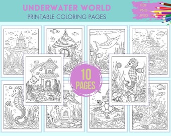 Maison sous-marine château vie créatures à colorier, 10 pages à colorier fantastiques imprimables sur le thème de l'océan, PDF, JPEG, PNG, téléchargement numérique