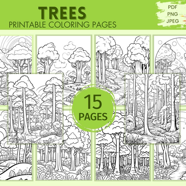 Tree Coloring Page, 15  Printable Coloring Pages, Forest Scenery Tree Nature Landscape Coloring Sheets, PDF, JPEG, PNG,  Digital Download