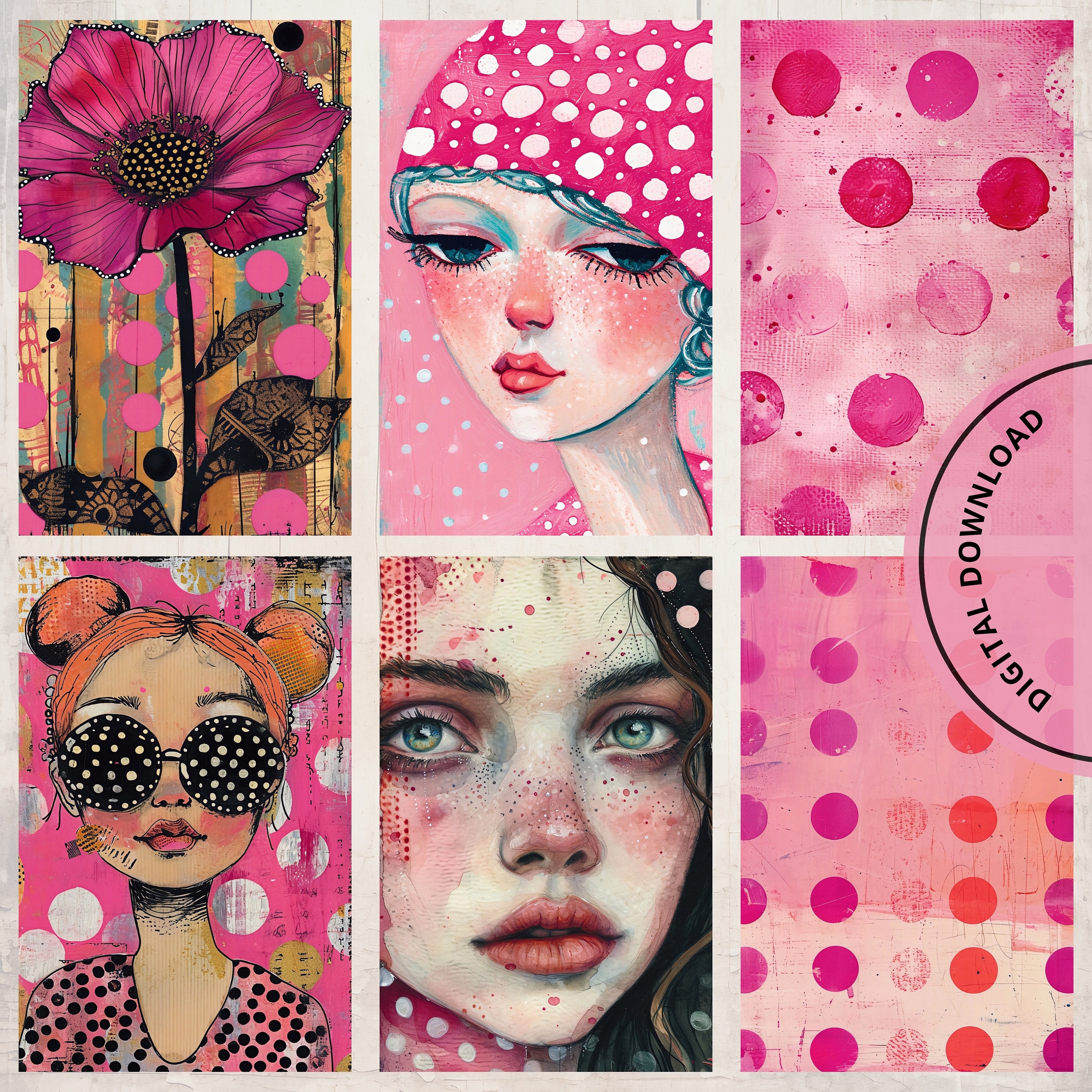 Polka Dot Pink Journal Half Papers Printable Pages Digital Ephemera