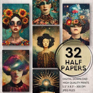 Diário Hippie Cósmico Metade de Papéis Boho Páginas Imprimíveis Scrapbooking Ephemera Arte Surreal Mulher Colagem Cartão Fazendo Suprimentos de Diário de Lixo