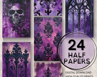 May include: A set of 24 digital printable papers featuring gothic and spooky designs in shades of purple and black. The designs include a skull, a gothic window, and a damask pattern.
