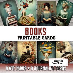 Livros para impressão, cartões de diário lixo, cartões atc, arte surrealista, fazer cartões, amantes de livros, efêmeras, cartões para impressão, livros, suprimentos de diário lixo