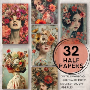 Floral menina rosto diário metade papéis flor páginas imprimíveis scrapbooking coisas efêmeras feminino colagem cartão fazendo flor lixo diário suprimentos