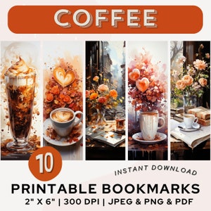 Coffee Bookmark Printable Bookmarks Watercolor Bookmark PNG PDF JPG Bookmark Set Book Lover Gift Print & Cut Coffee Lover Printable Digital