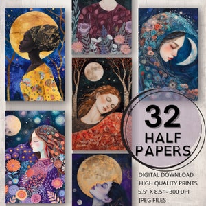 Mond & Mädchen Journal Hälfte Papiere druckbare Seiten Celestial Ephemera Mond Sammelalbum Künstlerische Collage Karte Herstellung Mond Junk Journal Zubehör