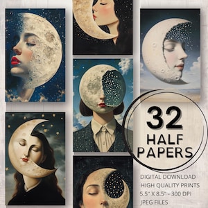 Journal visage lune, demi-papiers, page imprimable éphémères célestes, étoiles lunes, album, collage artistique, fabrication de cartes, lune, indésirable, journal, fournitures