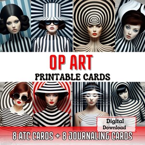 Cartes imprimables pour journal indésirable Op Art fabrication de cartes ATC Portrait de femme Scrapbooking Cartes imprimables éphémères Illusion d'optique Fournitures de journal