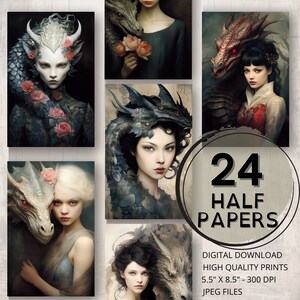Diário de dragão, meio papel, páginas imprimíveis, arte surreal, retrato de mulher, fantasia, dragão, coisas efêmeras, colagem, cartão, fabricação de diário de fantasia, suprimentos