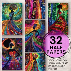 Bunte Malerei Afrikanische Frau Journal Halb Papier Druckbare Seiten Ephemera Scrapbooking Collage Karte, Die Schwarze Frau Junk-Journal Versorgung