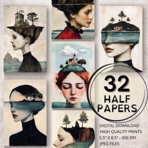 Island Head Journal, moitié page imprimable Art surréaliste Portrait de femme éphémères effet vieilli Collage fabrication de cartes Fournitures de journal indésirable