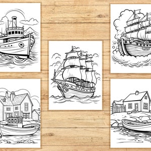 May include: A coloring book page featuring four different illustrations of boats. The first image shows a small boat with a cabin and a large smokestack. The second image shows a large sailing ship with multiple sails. The third image shows a small boat with a cabin and a large smokestack. The fourth image shows a small boat with a cabin and a large smokestack.
