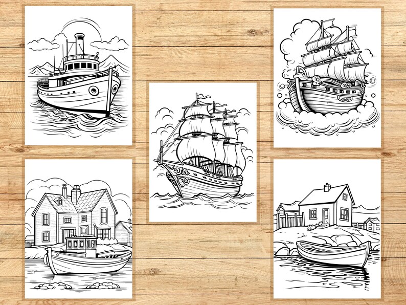 May include: A coloring book page featuring four different illustrations of boats. The first image shows a small boat with a cabin and a large smokestack. The second image shows a large sailing ship with multiple sails. The third image shows a small boat with a cabin and a large smokestack. The fourth image shows a small boat with a cabin and a large smokestack.