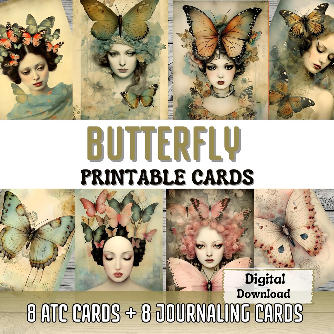 Butterfly Printable Junk Journal Cards ATC Card Making Butterfly Woman ...