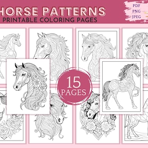 Horse Coloring Pages 15 Printable Pages Horse Head Silhouette Horse Images Geometric Floral Pattern Zentangle Art Line Art Instant Download