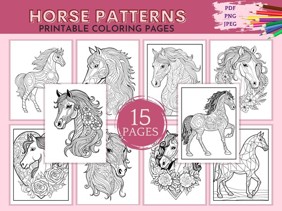 Horse Coloring Pages 15 Printable Pages Horse Head Silhouette Horse Images Geometric Floral Pattern Zentangle Art Line Art Instant Download