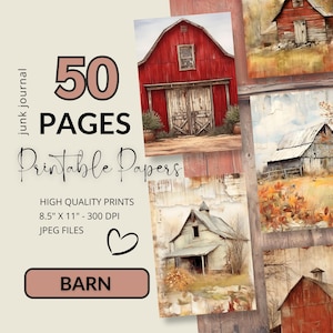 May include: 50 printable papers featuring various barn images. The images are in a rustic style with red, brown, and white barns. The papers are 8.5 inches by 11 inches and 300 DPI.