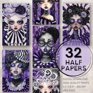 Purple Fashion Whimsical Portrait Journal Half Papers Printable Page Woman Painting Ephemera Scrap Collage Card Making Junk Journal Supplies