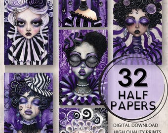 Purple Fashion Whimsical Portrait Journal Half Papers Printable Page Woman Painting Ephemera Scrap Collage Card Making Junk Journal Supplies