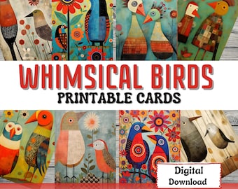 Whimsical Birds Printable Junk Journal Cards ATC Card Making Crafting Colorful Art Bird Ephemera Card Printable Cards Junk Journal Supplies