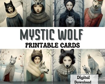 Mystic Wolf Printable Junk Journal Cards ATC Card Making Surreal Art Dark Collage Scrapbooking Ephemera Printable Card Junk Journal Supplies