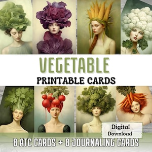 Cartões de diário para impressão de vegetais, cartões atc para fazer arte surreal, jardim, mulher, retrato, coisas efêmeras, cartões para impressão, suprimentos de diário vegetariano