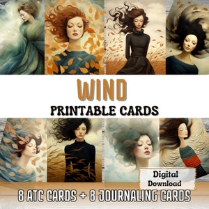 Cartões de diário para impressão de vento, cartões atc para fazer arte surreal, retrato de mulher, coisas efêmeras, cartões imprimíveis, natureza, suprimentos de diário
