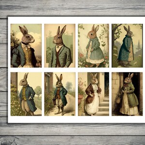 May include: A collage of eight vintage illustrations featuring rabbits dressed in clothing. The rabbits are depicted in various poses and settings, including a garden, a forest, and a home. The illustrations are in a whimsical style and feature detailed clothing and accessories.