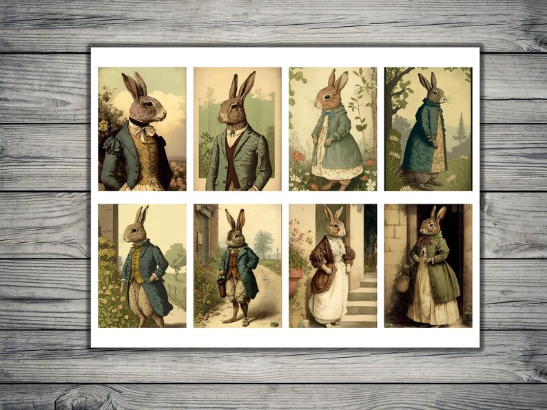 May include: A collage of eight vintage illustrations featuring rabbits dressed in clothing. The rabbits are depicted in various poses and settings, including a garden, a forest, and a home. The illustrations are in a whimsical style and feature detailed clothing and accessories.