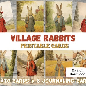 Village Rabbits Printable Digital Image Junk Journal ATC Cards, Bunny Collage Sheets, Vintage Scrapbooking Ephemera Journaling Cards Set