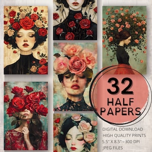Diario de rosas románticas Medios papeles Páginas imprimibles Arte surrealista Retrato de mujer Ephemera Scrapbooking Collage Tarjeta Haciendo Roses Junk Journal