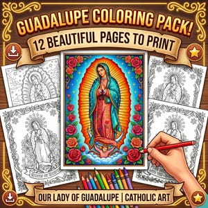 Puede incluir: Un paquete para colorear con 12 páginas para imprimir, con el texto "Guadalupe Coloring Pack!" y "Our Lady of Guadalupe | Catholic Art." La imagen central es una colorida ilustración de Nuestra Señora de Guadalupe rodeada de rosas. Incluye páginas para colorear y lápices de colores.