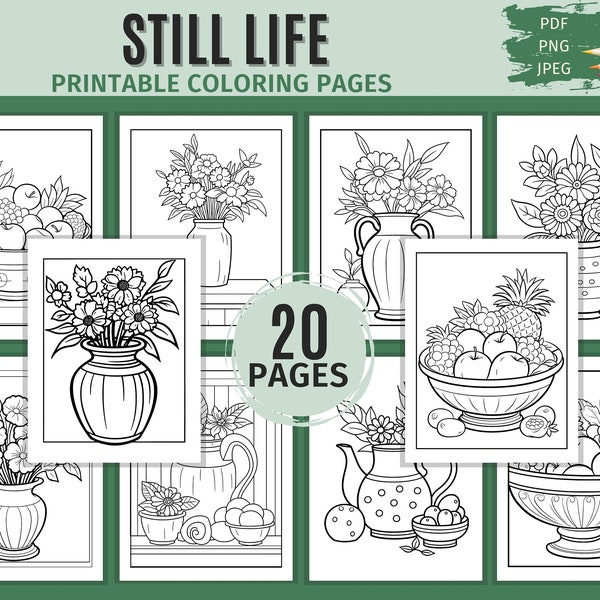 Still Life Coloring Pages - Bowl of Fruit & Flowers, 20 Printable Pages for Teens and Adults, PDF, JPEG, PNG, Digital Download