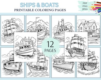 Ships & Boats Coloring Pages, 12 Printable Pages, PDF, JPEG, PNG, Nautical Ocean Sea Themed Coloring Sheets, Digital Download