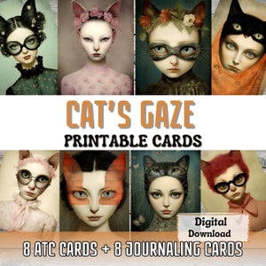 Cartes imprimables pour carnet de notes Regard de chat fabrication de cartes ATC femme fille Portrait chat papier de scrapbooking éphémères carte imprimable fournitures de journal de chat