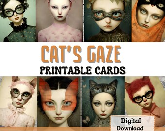 Cat's Gaze Printable Junk Journal Cards ATC Card Making Woman Girl Portrait Cat Scrapbook Paper Ephemera Printable Card Cat Journal Supplies