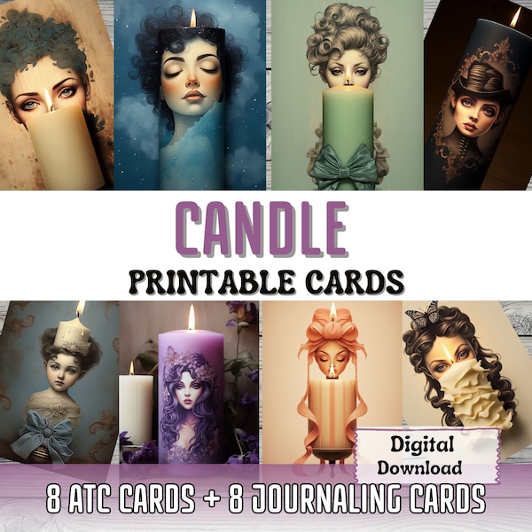 Candle Printable Junk Journal Cards ATC Card Making Surreal Art Woman Portrait Candle Ephemera Printable Cards Junk Journal Supplies