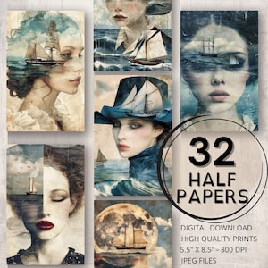 Dziennik snów morskich Oceanu Pół papieru Strona do druku Surrealistyczna sztuka Portret kobiety Ephemera Kolaż Tworzenie kart Grunge Junk Journal Supplies