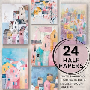 Colores pastel Casas Diario Medios papeles Página imprimible Scrapbooking Ephemera Collage Tarjeta Haciendo Small Town Village Junk Journal Supplies