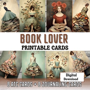 Amoureux des livres, cartes imprimables pour le journal indésirable, cartes ATC, art surréaliste, fabrication de cartes, livre éphémère, cartes imprimables, livres, fournitures pour le journal indésirable