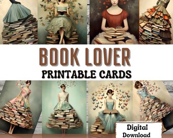Book Lover Printable Junk Journal Cards ATC Cards Surrealistic Art Card Making Book Ephemera Art Printable Cards Books Junk Journal Supplies