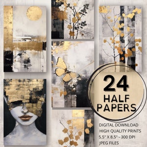Diario negro y dorado Medios papeles Página imprimible Pintura abstracta Árbol efímero Mariposa Scrapbooking Collage Papel Tarjetas para hacer suministros