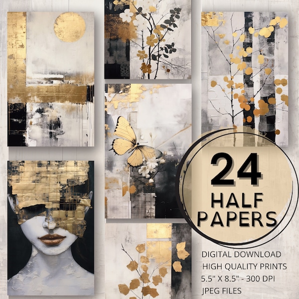 Black & Gold Journal Half Papers Printable Page Abstract Painting Ephemera Tree Butterfly Scrapbooking Collage Paper Card Making Supplies