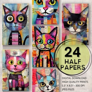 Journal coloré pour chat, demi-papiers, pages imprimables pour chat, éphémères numériques pour chat, scrapbooking, collage de chats, fabrication de cartes d'art pour chat, fournitures pour journal indésirable